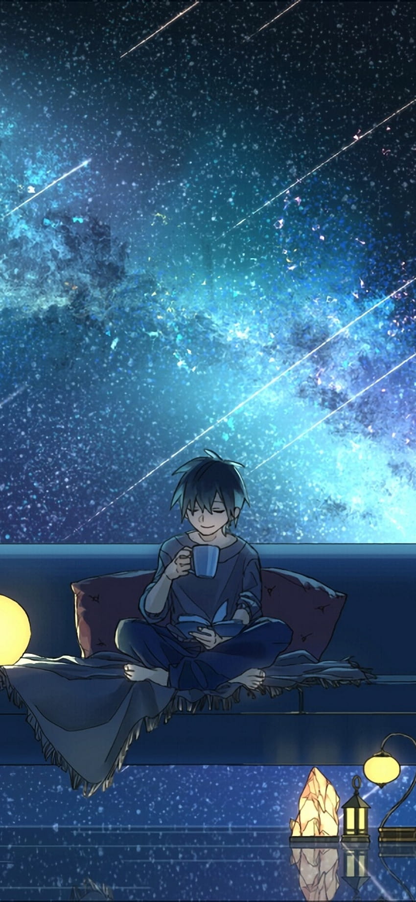 1284x2778 Anime Boy, Anime Landscape, Starry Sky, Night, Scenery, Barefoot, Drink, Faling Stars for iPhone 12 Pro Max, night anime aesthetic scenery HD phone wallpaper