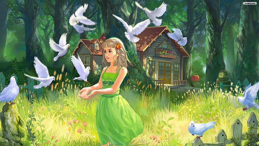 Girl With Pigeons Painting, cartoon nature HD wallpaper