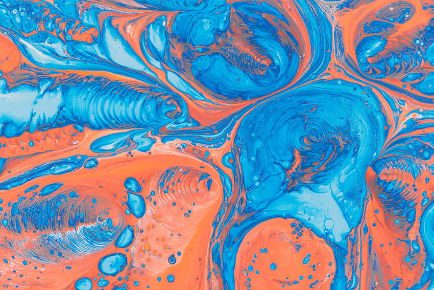 Пръски от боя Пръски от боя Абстрактно Оранжево Синьо Бяло, петна от боя със смесени цветове HD тапет