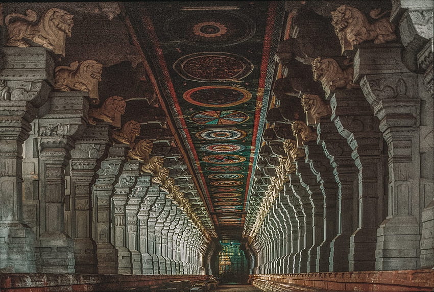 Lorong dalam di Kuil Rameshwaram, Tamil Nadu, India Wallpaper HD