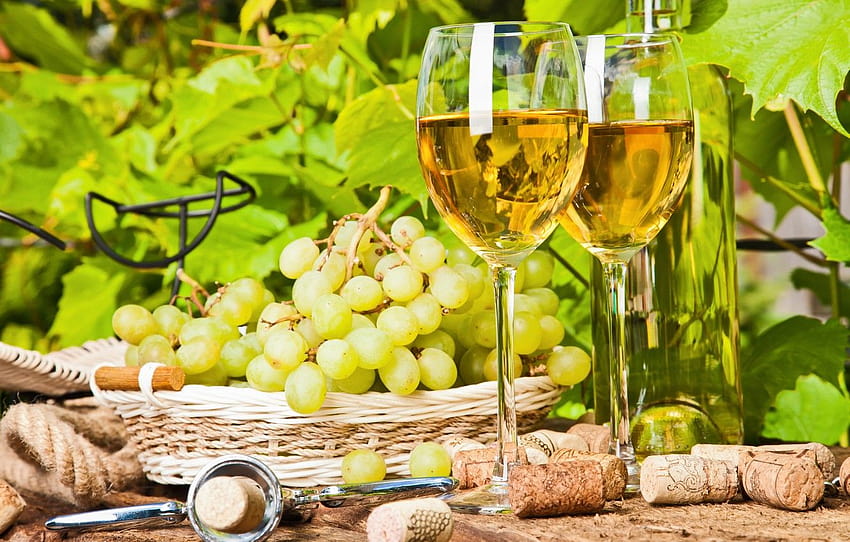 basket, grapes, tube, corkscrew, white wine , section еда HD wallpaper