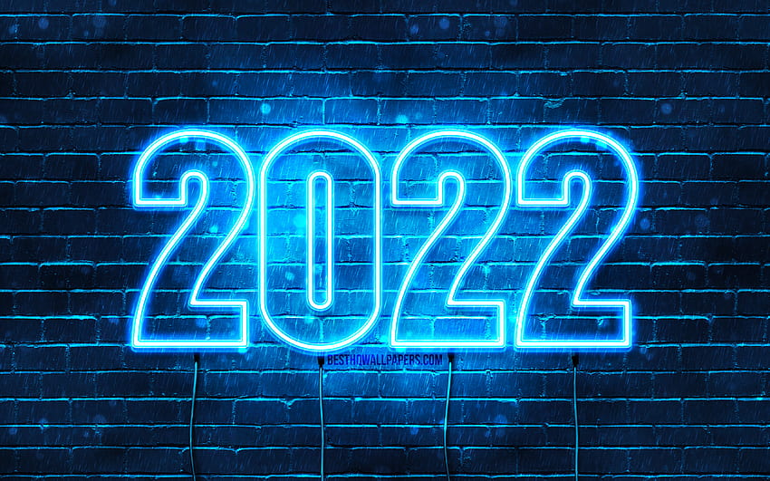 2022 blue neon digits, Happy New Year 2022, blue brickwall, horizontal text, 2022 concepts, wires, 2022 new year, 2022 on blue background, 2022 year digits with resolution HD wallpaper