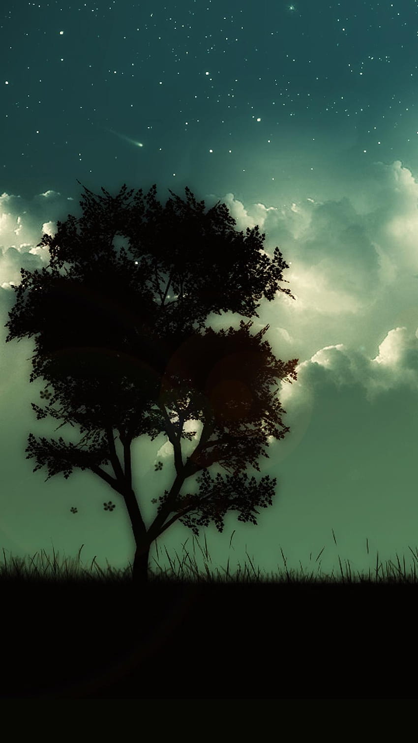 Starry Shiny Cloudy Skyscape Lonely Tree Night Hill iPhone 8, самотно дърво със светлини HD тапет за телефон