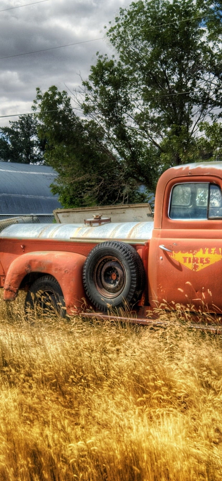 Old red truck in the wheat field, autumn red truck HD phone wallpaper