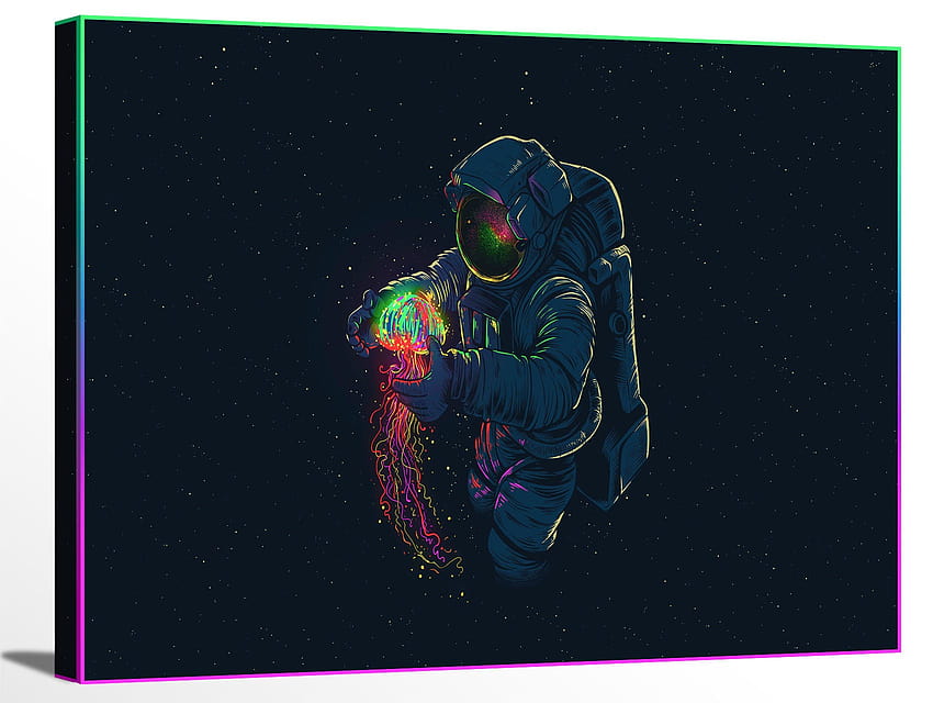 Astronauta trzymający tęczową meduzę w przestrzeni galaktyki wszechświata Tapeta HD