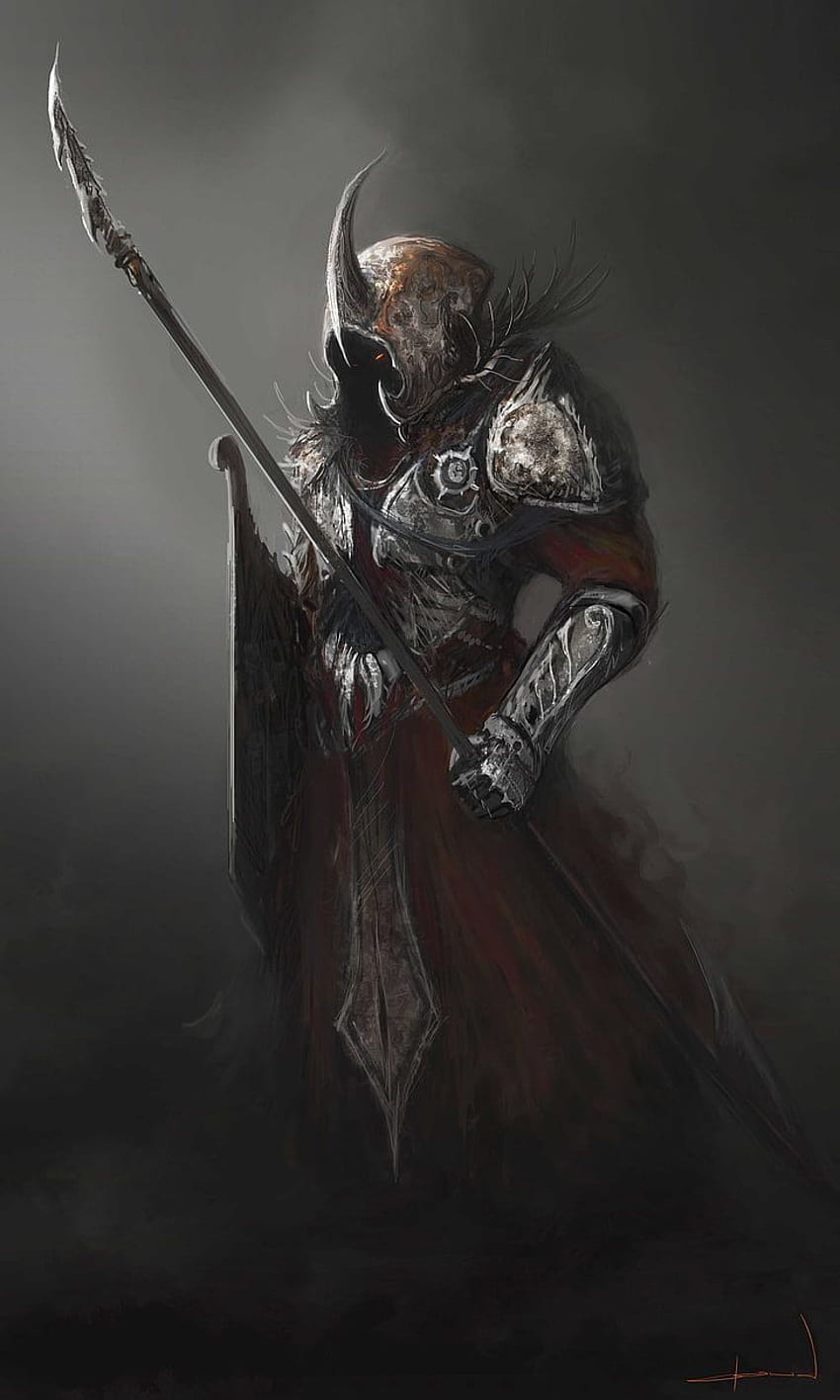 : pintura de guerrero sosteniendo lanza, dibujo, fantasía, guerrero arrodillado espada fantasía fondo de pantalla del teléfono
