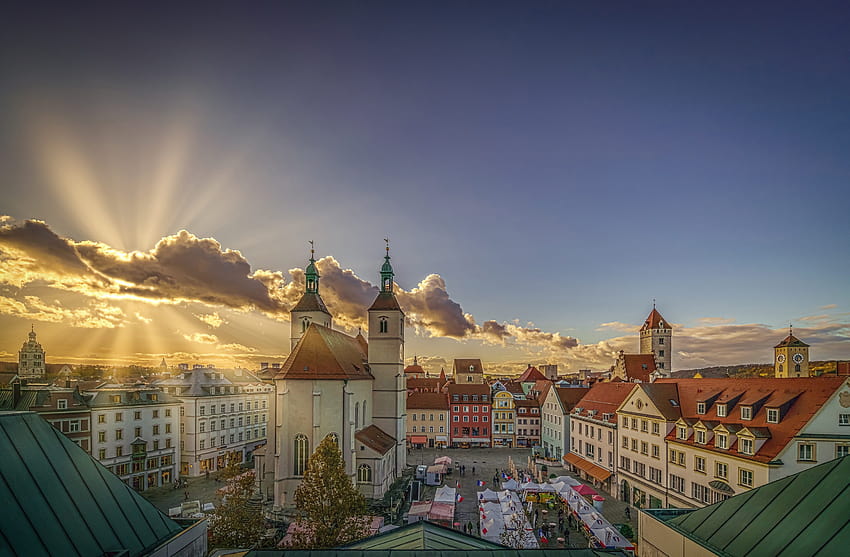rays, church, Germany, houses, Regensburg, square HD wallpaper