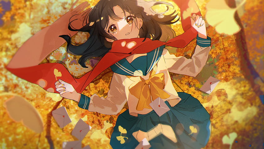 3840x2160 Autumn, School Uniform, Scarf, Cute Anime Girl, Brown Hair, Blushes for U TV, autumn school HD wallpaper
