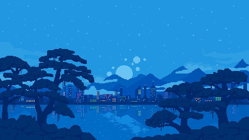 Pixel Art Blue, noche de píxeles fondo de pantalla