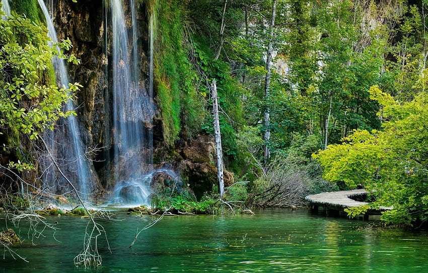 Forest, lake, stones, rocks, waterfall, bridges, plitvice lakes HD ...