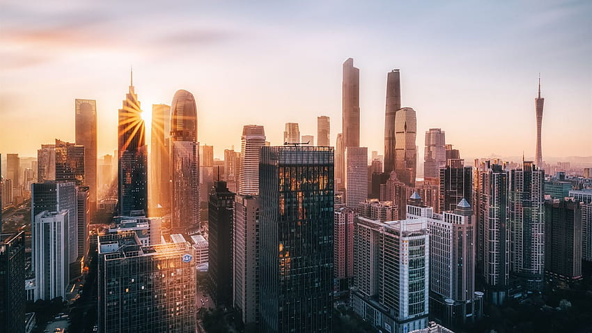 Morden City, Guangzhou, China, Wolkenkratzer, Morgen, Sonne, Guangzhou, China HD-Hintergrundbild