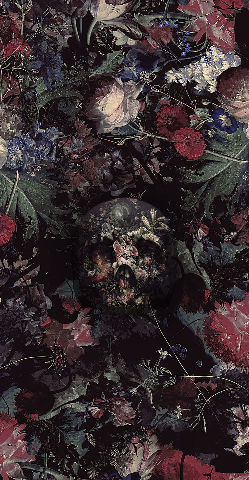 Calavera de rayas bohemias negras y rojas, calavera floral fondo de pantalla del teléfono