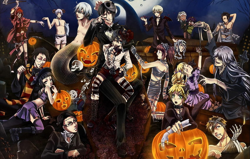 night, holiday, the moon, skull, art, pumpkin, halloween, Halloween, mummy, bandages, kuroshitsuji, dark Butler , section сэйнэн, halloween skull and pumpkin HD wallpaper