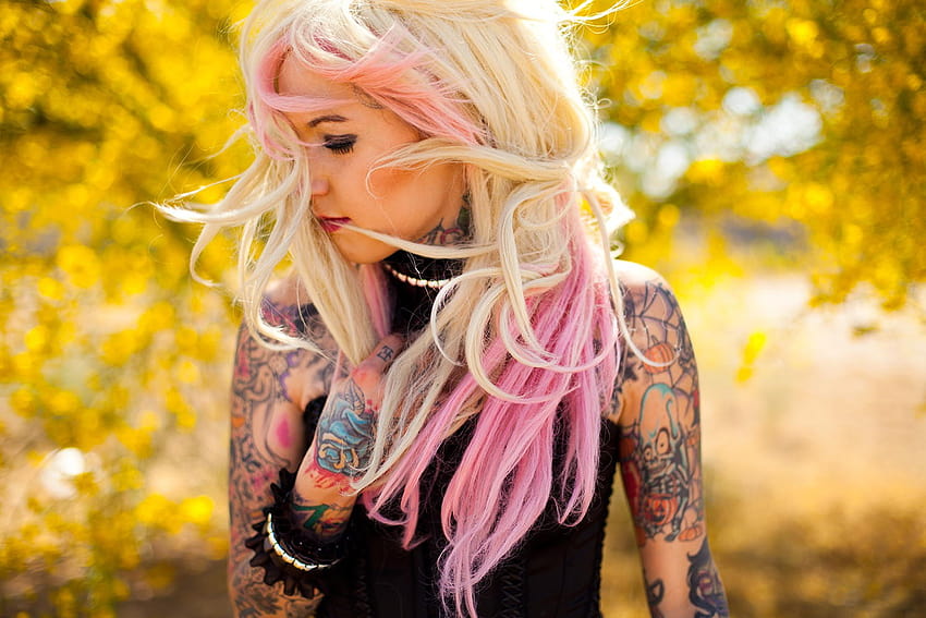 : women outdoors, model, blonde, dyed hair, looking away, long hair, tattoo, yellow, fashion, pink hair, windy, clothing, color, autumn, flower, girl, beauty, season, eye, lady, costume, blond, hairstyle, portrait graphy, blonde pink hair woman HD wallpaper