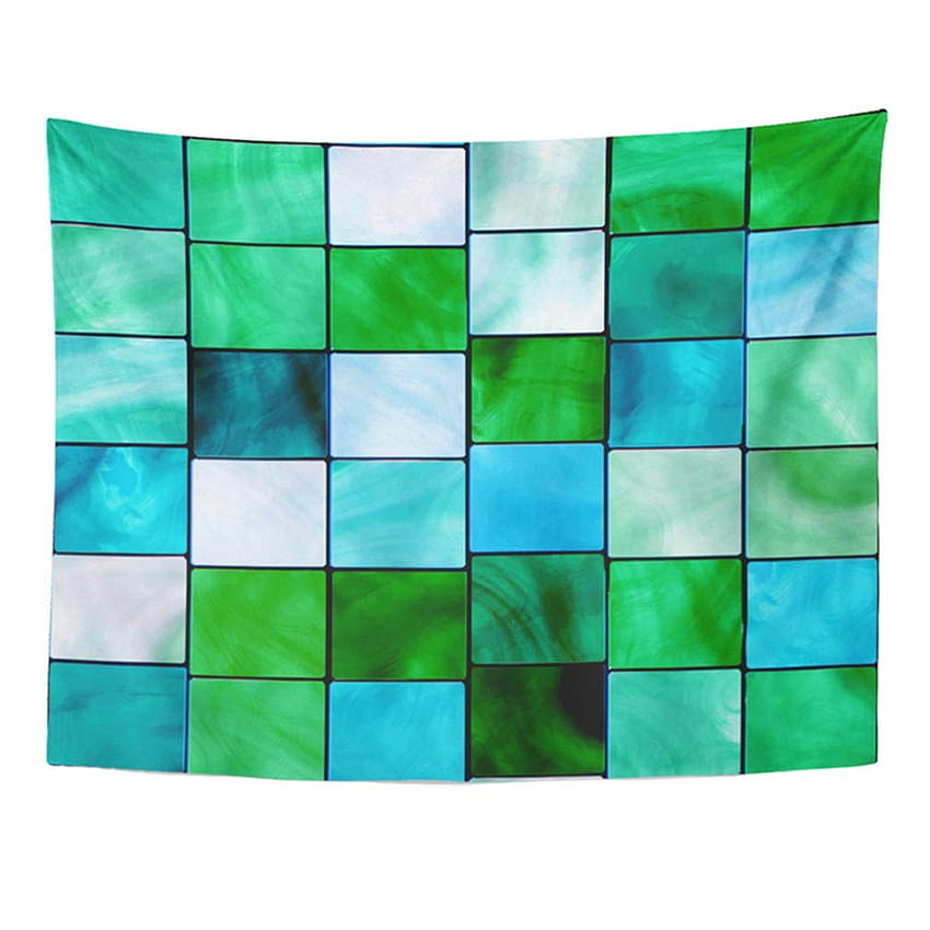 ZEALGNED Green Mosaic Blue Tiles Colorful Glassy Abstract Aqua Architecture Bath Bathroom Wall Art Hanging Tapestry Home Decor for Living Room Bedroom Dorm 60x80 inch HD phone wallpaper