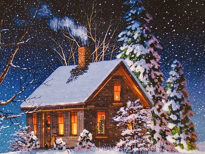 Artístico: Casa de Navidad, arte de la noche de Navidad nevada. fondo de pantalla
