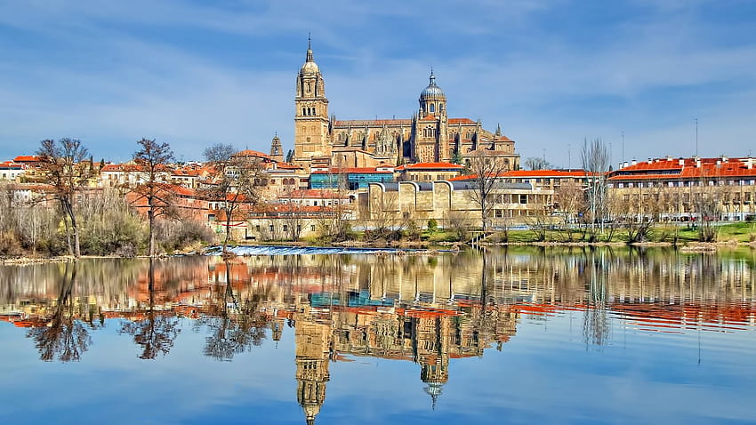: trees, city, cityscape, architecture, lake, water, nature, reflection, sky, clouds, house, Tourism, skyline, evening, tower, river, Spain, town, old building, canal, cathedral, Bank, spire, tree, watercourse, plaza, landmark, 1920x1080 px HD wallpaper