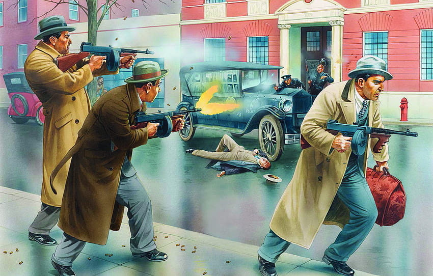 art, Chicago, artist, gangsters, Peter Dennis., submachine gun, shooting a submachine gun Tommy gun, the shootout with police, The Thompson, Bank robbery, 1932 , section живопись HD wallpaper