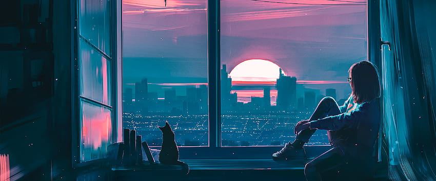 Anime Girl Cat City Scenery, アニメウルトラワイド 高画質の壁紙