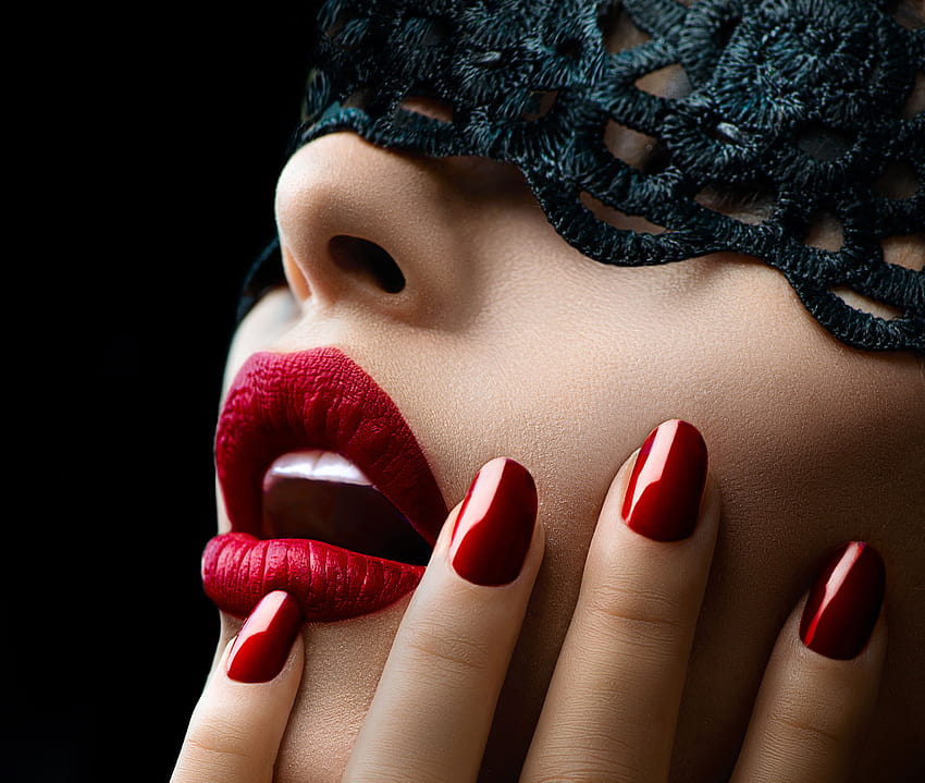 Manicure Girls Fingers Closeup Red lips 2670x2260, women black red lip HD wallpaper