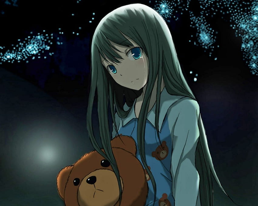  0x1 anime, niña, juguete, oso, noche, fondos estándar de estrellas, anime teddy, Fondo de pantalla HD