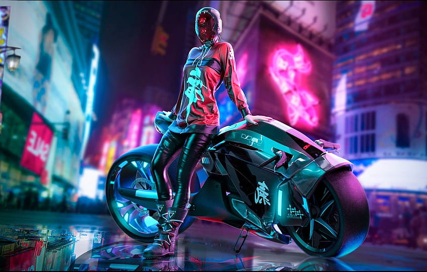 Chica, La ciudad, Neón, Motocicleta, Arte, Cyberpunk, biker city colorful fondo de pantalla