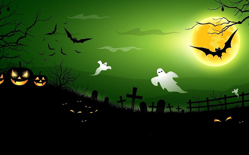 ハロウィン 不気味なカボチャ コウモリ 満月 真夜中の幽霊、緑のハロウィン 高画質の壁紙