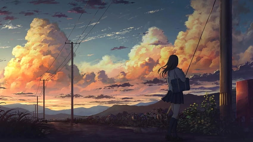 1366x768 Anime-Landschaft, Anime-Mädchen, Wolken, Landschaft Anime-Ästhetik HD-Hintergrundbild