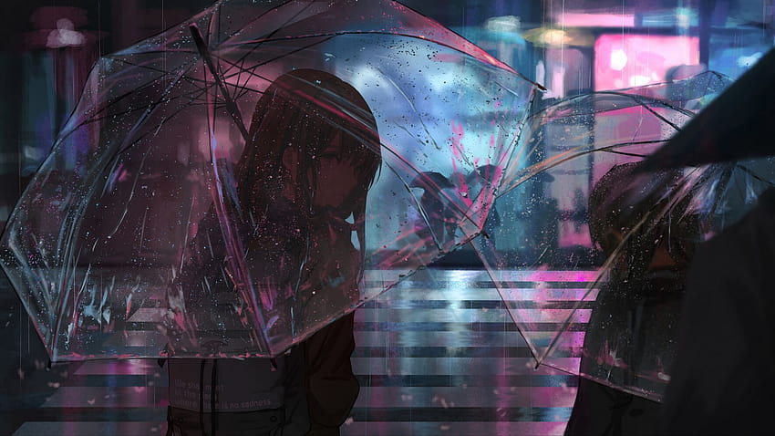 2048x1152 момиче, чадър, аниме, дъжд, улица, нощ фонове за ултраширок монитор, ултраширока аниме нощ HD тапет