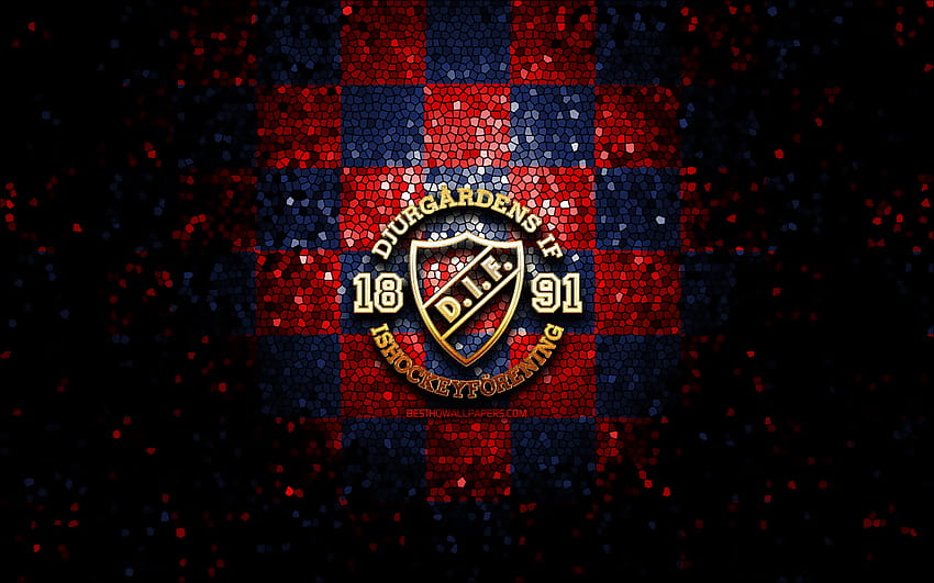 Djurgardens IF, logo scintillant, SHL, fond à carreaux bleu rouge, hockey, équipe de hockey suédoise, logo Djurgardens IF, art de la mosaïque, ligue suédoise de hockey avec résolution 2880x1800. Haute qualité, djurgarden si Fond d'écran HD