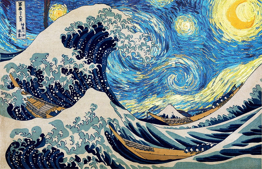 Винсент ван Гог, Хокусай, Звездна нощ, Голямата вълна на разстояние, голямата вълна на разстояние от Канагава HD тапет