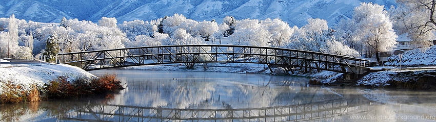 Замръзнал мост над езерото зима _5120x3200.jpg Фонове, 3840x1080 зима HD тапет