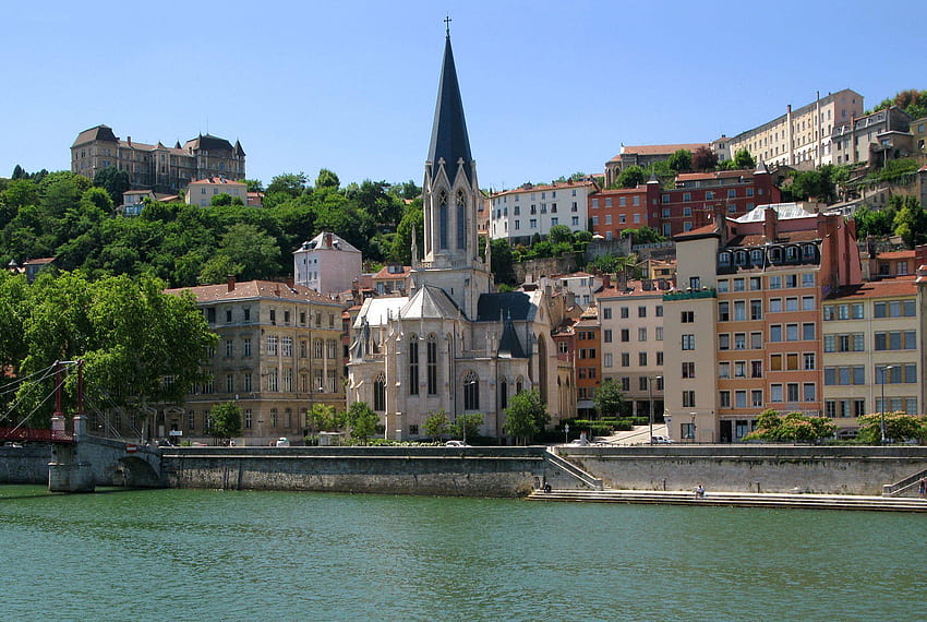 Church on the waterfront in the city of Lyon, France HD wallpaper