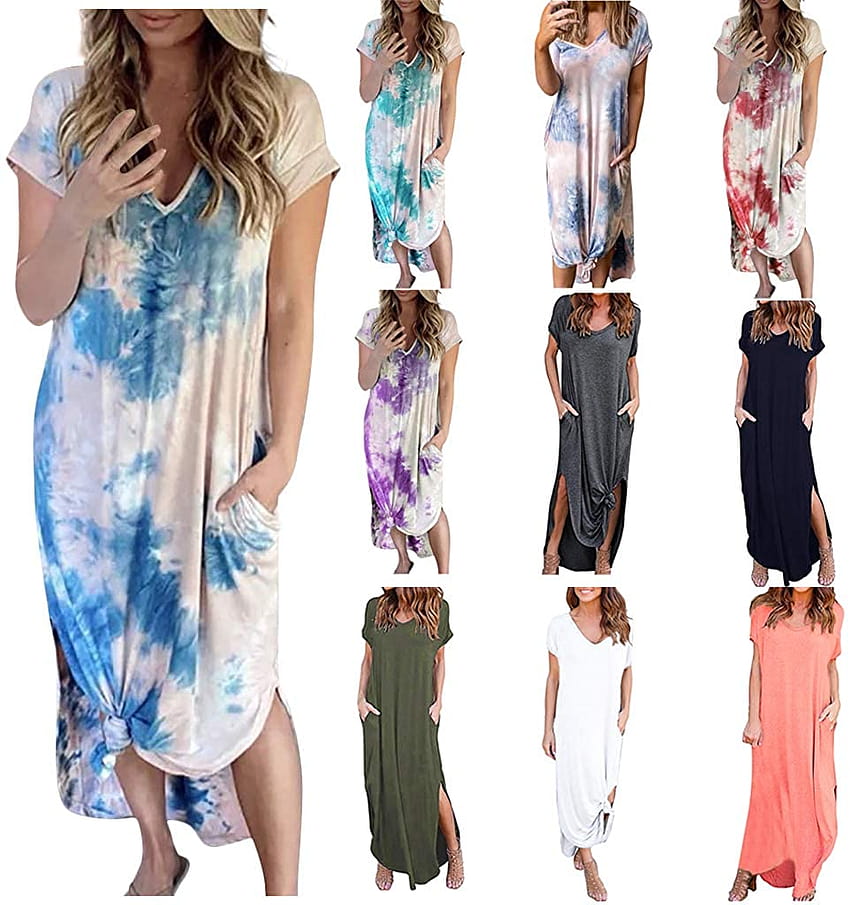 Tie Dye Dress Women Maxi Casual Short Sleeve V Neck Side Split Loose Long Dresses for Womens Plus Size with Pockets at Amazon Women's Clothing store HD phone wallpaper