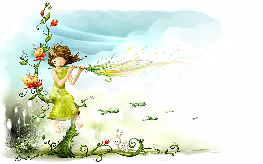 the sky, water, flowers, background, fantasy, mood, ease, spring, art, the air, girl, weightlessness, fairy world, on the shores of lake, the watercolor drawing, section art in resolution 1440x900, spring art cute HD wallpaper