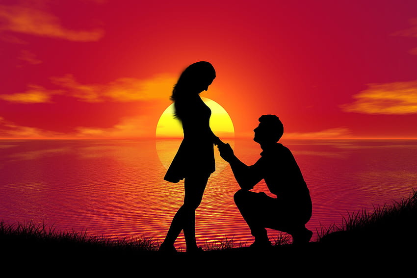 Paar, Sonnenuntergang, Vorschlag, Silhouette, romantisch, Liebhaber, zusammen, Liebe, Liebhaberpaar HD-Hintergrundbild