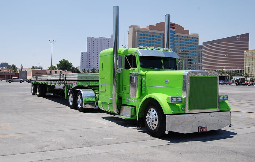 Green, Truck, Peterbilt, Tractor Truck, Flatbed Trailer, RAM , section грузовики, flatbed truck HD wallpaper