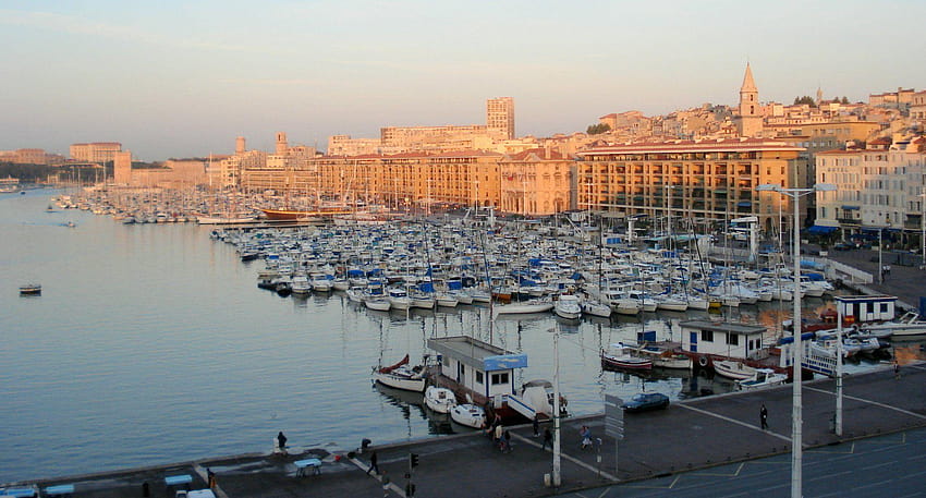พระอาทิตย์ตกที่เมืองท่า Marseille ประเทศฝรั่งเศส และ วอลล์เปเปอร์ HD