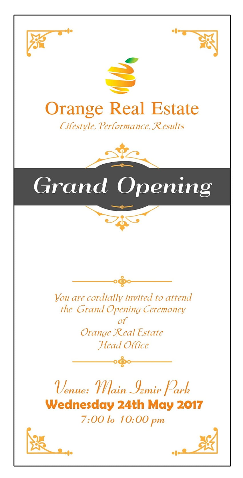 Einladungskarte zur großen Eröffnungsfeier Orange Real Estate von Asad Abbas HD-Handy-Hintergrundbild
