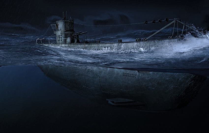 notte, l'oceano, Arte, uno, sottomarino, esercito, sottomarino, sott'acqua, tedesco, terribile, barche, U, spaventoso sott'acqua Sfondo HD