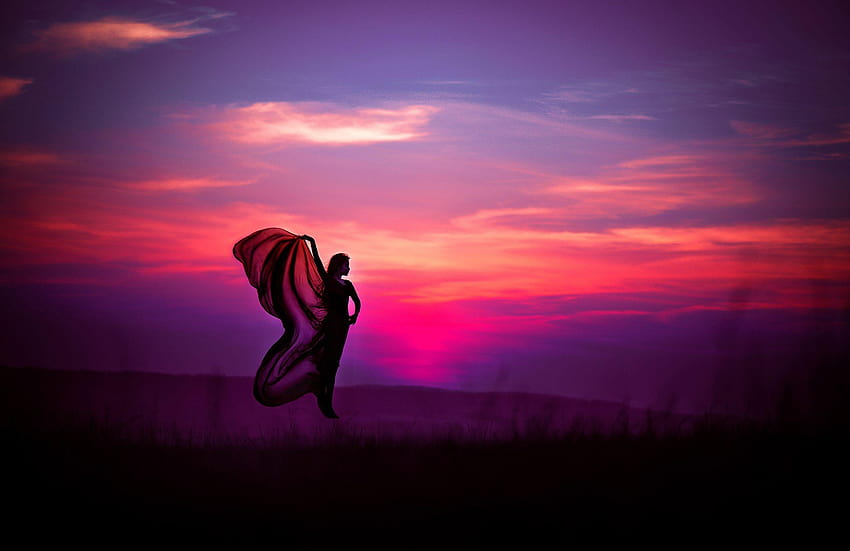 งานศิลปะ ทะเล ผู้หญิง ปีก พระอาทิตย์ตก :: หญิงสาว และ พระอาทิตย์ตก วอลล์เปเปอร์ HD
