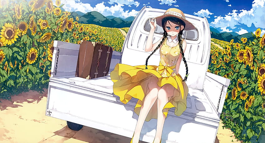 original, Anime, Girl, Sunflower, Sunshine, Sunlight, Yellow, Dress, Car, Summer, Long, Hair / and Mobile Backgrounds, summer girl anime HD wallpaper