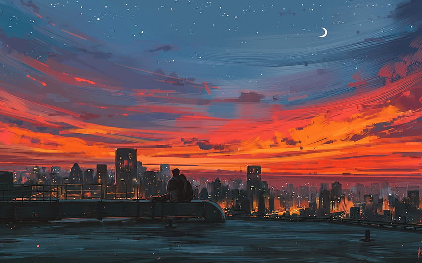 2880x1800 Anime-Paar, Sonnenuntergang, Stadt, Landschaftlich, Stimmung, Anime entspannend HD-Hintergrundbild