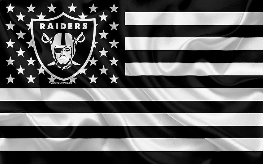 Оукланд Рейдърс, отбор по американски футбол, креативно американско знаме, черно-бял флаг, НФЛ, Оукланд, Калифорния, САЩ, лого, емблема, копринено знаме, Национална футболна лига, американски футбол с резолюция 3840x2400, raiders компютър HD тапет
