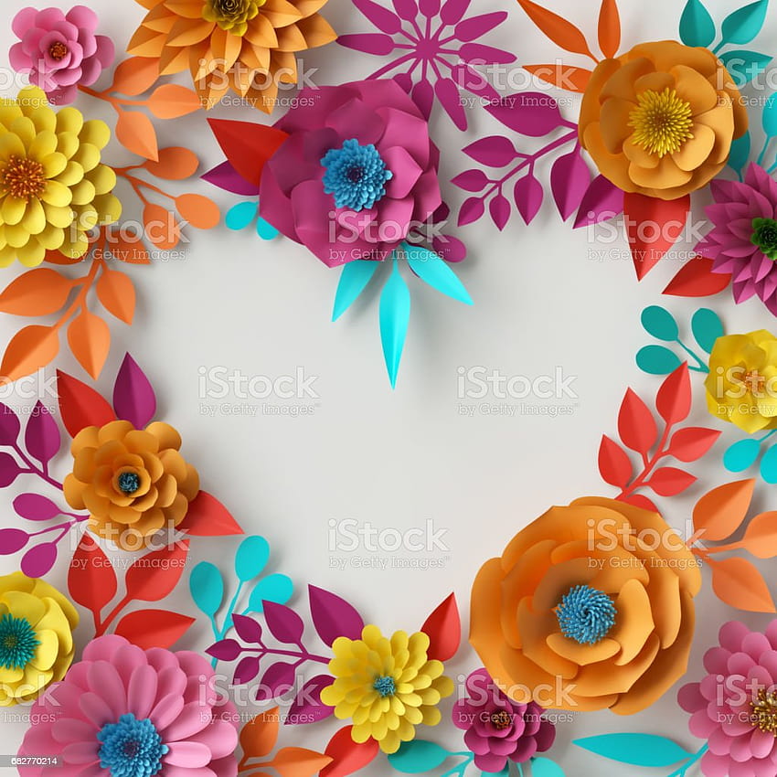 3D Renderização Ilustração Digital Abstrato Flores de Papel Colorido Fundos de Primavera Verão Elementos de Corte em Forma de Coração Artesanato Cores Vibrantes Estoque, flores de verão digitais Papel de parede de celular HD