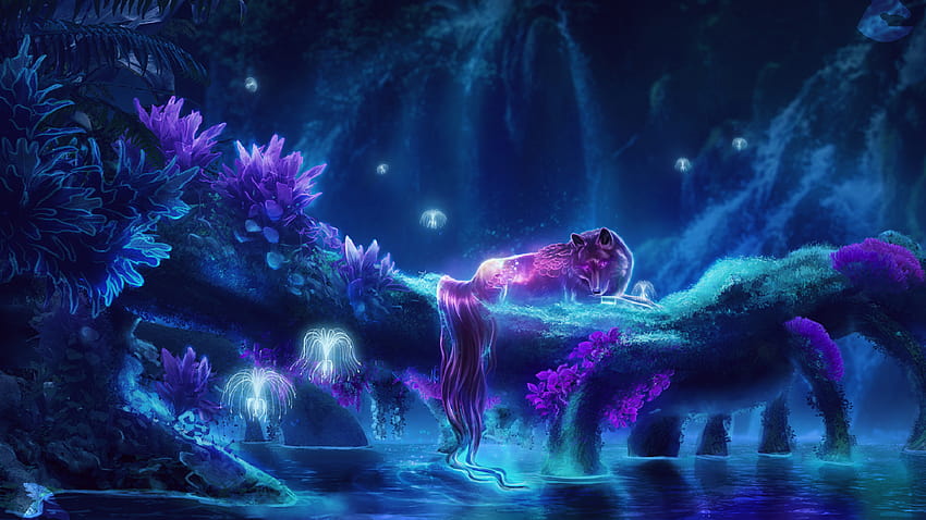 Fantasy-Kreatur, Wolf, Wald, Wasser, magische Kreaturen HD-Hintergrundbild
