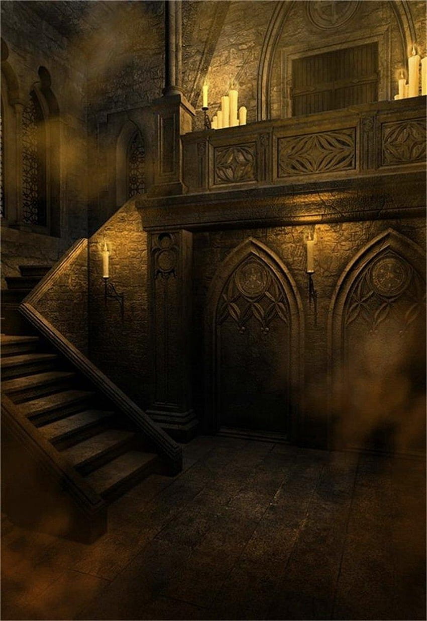 AOFOTO 6x8ft ponury styl gotycki tło straszny pokój vintage graphy tła kamienna ściana schody świeca halloween wnętrze studio rekwizyty, vintage gloomy Tapeta na telefon HD