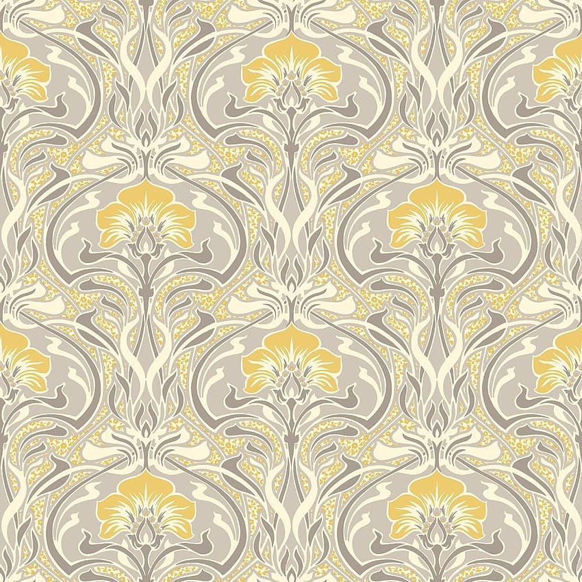 Flora Nouveau Grey and Yellow Retro Floral by Crown M1195 HD phone wallpaper