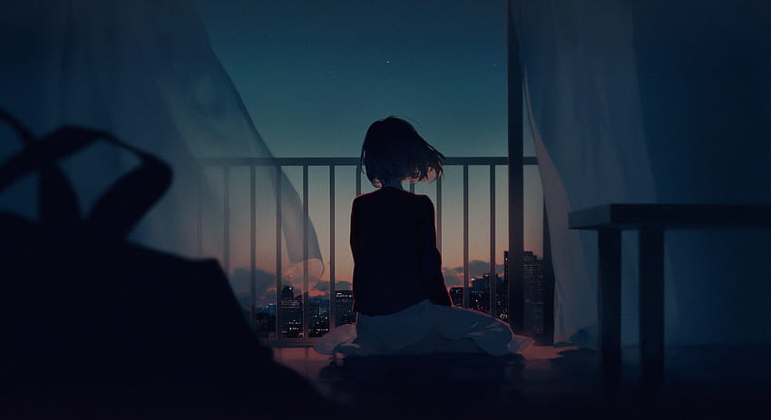 La fille est assise seule sur le balcon, balcon d'anime Fond d'écran HD