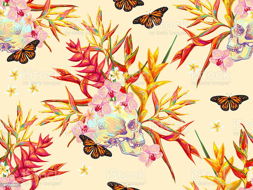 シームレスな夏熱帯パターン スカル蝶とエキゾチックな花美しい背景 パターンの塗りつぶし Web ページの背景に最適 表面テクスチャ テキスタイル ストック イラスト、黄色蝶夏 高画質の壁紙